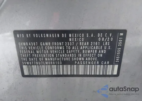 2020 Volkswagen Jetta Gli 2.0T Autobahn/2.0T S from USA, damaged, VIN 3VW6T7BU7LM088103